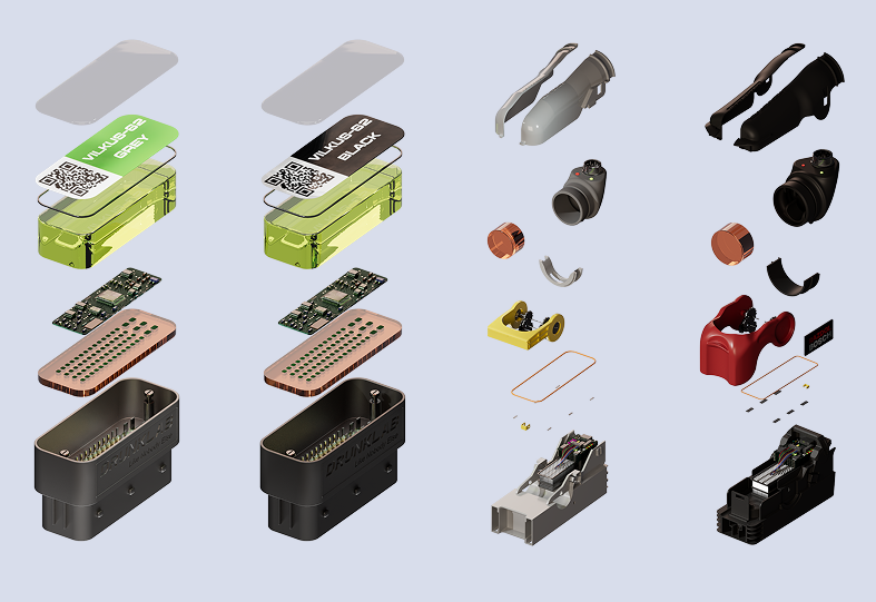 Exploded view of Hamcom emulators and a tuning adapter